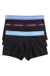 Calvin Klein 3-pack Stretch Cotton Low Rise Trunks In Black W/ Blue Multi Wb