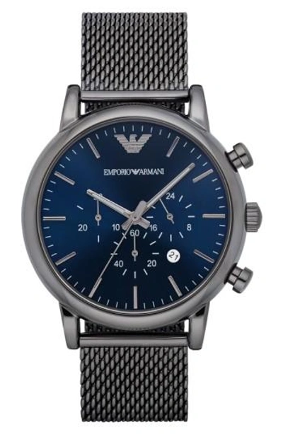 Emporio Armani Men's Chronograph Gunmetal Stainless Steel Mesh Bracelet Watch 46mm Ar1979 In Blue