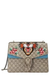 Gucci Dionysus Medium Appliquéd Printed Coated-canvas And Suede Shoulder Bag In Beige Ebony/ultramarine