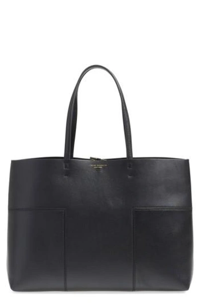 Tory Burch 'block-t' Patchwork Leather Tote In Black