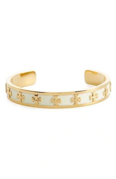 Tory Burch Slim Raised Logo Enamel Cuff Bracelet In Ivory