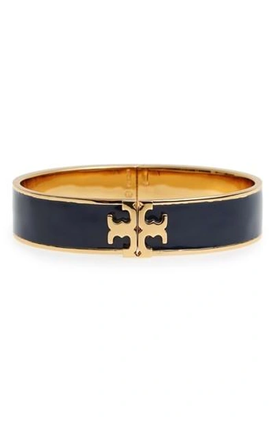 Tory Burch Raised Logo Enamel Hinge Bracelet In Gold/navy