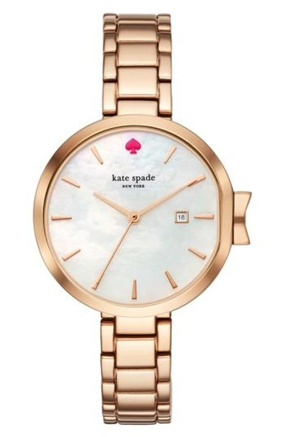 Kate Spade Park Row Rose Gold-tone Stainless Steel Bracelet Watch In Rose Gold/ Mother Of Pearl
