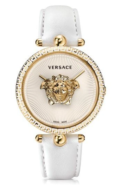 Versace Palazzo Empire Leather Strap Watch, 39mm In White
