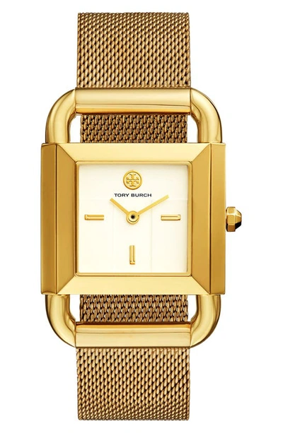 Tory Burch The Phipps Golden Mesh Bracelet Watch In Gold/ Ivory/ Gold