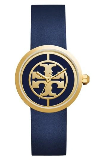 Tory Burch The Reva Three-hand Leather Strap Watch, Blue/golden In Navy/ Ivory/ Gold