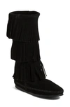 Minnetonka Layered Fringe Suede Boots In Black Suede