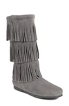 Minnetonka 3-layer Fringe Boot In Grey Suede