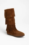 Minnetonka 3-layer Fringe Boot In Dusty Brown Suede