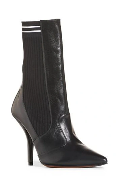 Fendi Rockoko Leather And Ribbed Stretch-knit Sock Boots In Black/silver