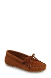 Minnetonka Kilty Suede Driving Shoe In Brown Suede
