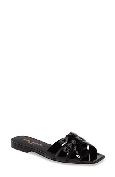 Saint Laurent Tribute Slide Sandal In Black Patent