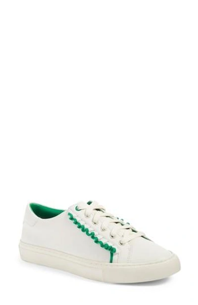 Tory Burch Ruffle Leather Low-top Trainers In Snow White/vineyard Green