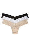 Hanky Panky Signature Set Of Three Low-rise Stretch-lace Thongs In Black,white,chai