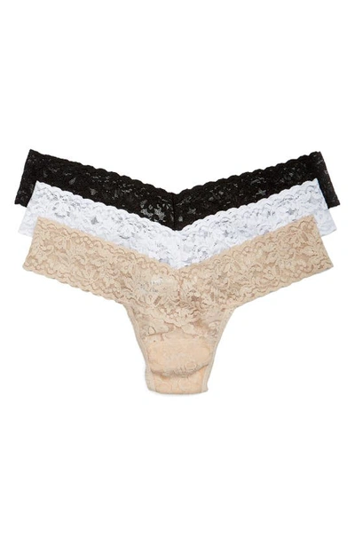 Hanky Panky Signature Set Of Three Low-rise Stretch-lace Thongs In Black,white,chai