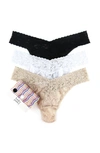 Hanky Panky Signature Set Of Three Low-rise Stretch-lace Thongs In Neutral