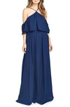 Show Me Your Mumu Rebecca Off The Shoulder Chiffon Gown In Rich Navy