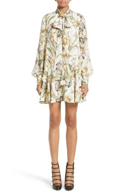 Alexander Mcqueen Wild Iris Cr&ecirc;pe De Chine Tie-neck Minidress, Ivory In Canepa