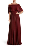 DRESS THE POPULATION VIOLET OFF THE SHOULDER CHIFFON GOWN,1436-3054