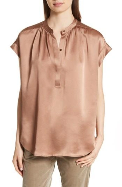 Vince Short-sleeve Shirred Satin Blouse In Tobacco