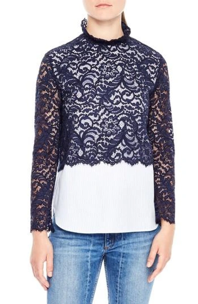 Sandro Lace Overlay Shirt Blouse In Navy Blue