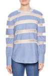 SANDRO LACE INSET STRIPE POPLIN BLOUSE,E10993H