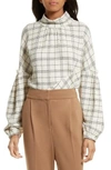 Tibi Mock-neck Pouf-sleeve Check Wool-blend Top In Ivory/ Black Multi