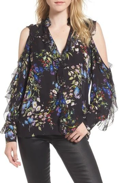 Parker Elana Ruffled Floral-print Cold-shoulder Silk Top In Black