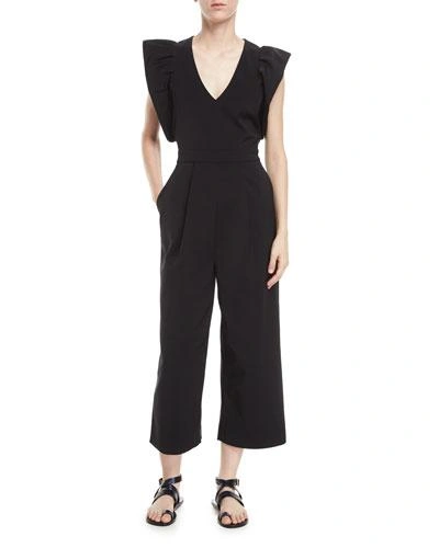 Tibi Ruffled-sleeve V-neck Faille Cropped Jumpsuit In Black