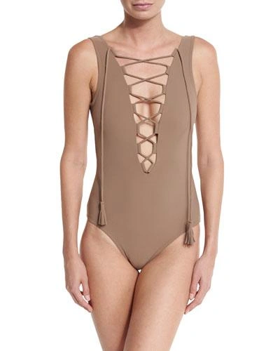 Karla Colletto Entwined Plunge Lace-up One-piece Swimsuit, Latte