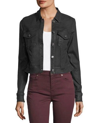 7 For All Mankind Cropped Button-front Denim Jacket With Baroque Applique In Black