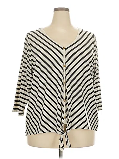 Pre-owned 89th & Madison 3/4 Sleeve Top Ivory Stripes Pattern V-neck Tops