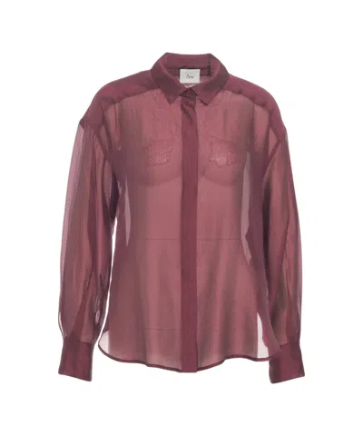 8pm Semi-transparent Burgundy Blouse With Classic Shirt Collar And Fitted Cuffs