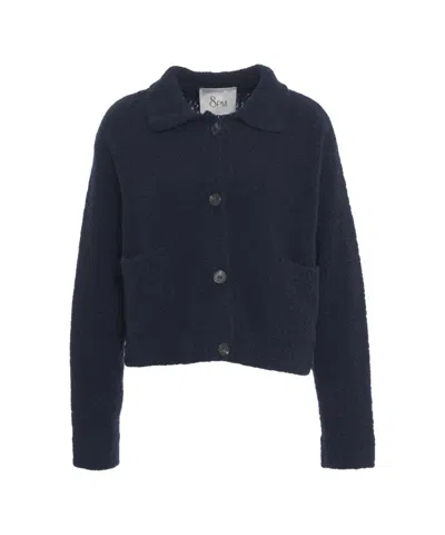 8pm Textured Knit Cardigan With Classic Collar And Button-down Front In Blue