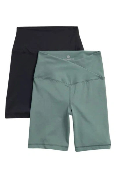 90 Degree By Reflex 2-pack Lux Crossover High Waist Bike Shorts In Dark Forest/ Black