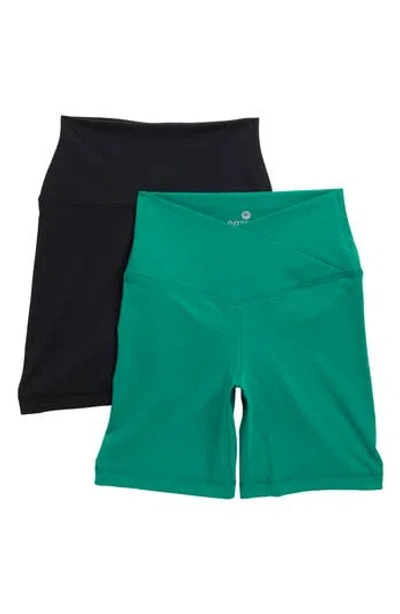 90 Degree By Reflex 2-pack Lux Crossover High Waist Bike Shorts In Lush Meadow/black