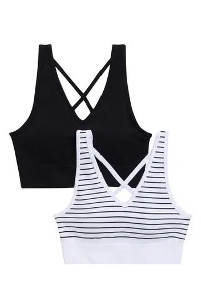 90 Degree By Reflex 2-pack Esme V Neck Seamless Sports Bras In White/ Black Stripe