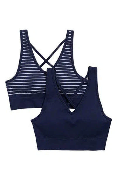 90 Degree By Reflex 2-pack Esme V Neck Seamless Sports Bras In White Stripe/ Naval Academy