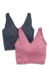 90 Degree By Reflex Alamo Stone Wash 2-pack V-neck Seamless Bralettes In Boysenberry/black