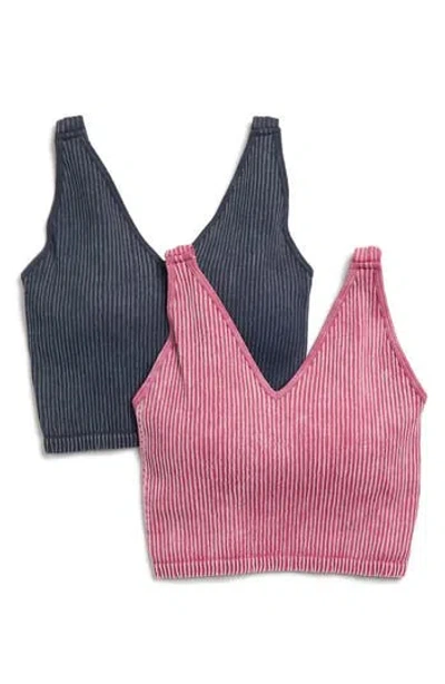 90 Degree By Reflex Alamo Stone Wash 2-pack V-neck Seamless Bralettes In Boysenberry/black