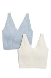 90 Degree By Reflex Alamo Stone Wash 2-pack V-neck Seamless Bralettes In Forever Blue/crystal Gray