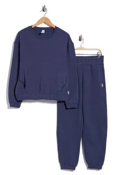 90 Degree By Reflex Bentley Anya Fleece Crewneck Sweatshirt & Joggers Lounge Set In Blue