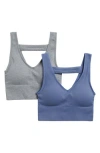 90 Degree By Reflex Bianca 2-pack V-neck Rib Seamless Bralettes In Blue Horizon/htr.gre