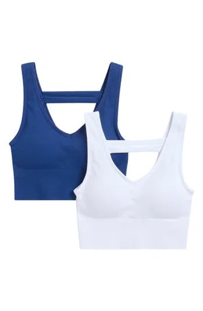 90 Degree By Reflex Bianca 2-pack V-neck Rib Seamless Bralettes In Blueprint-white