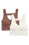 90 Degree By Reflex Bianca 2-pack V-neck Rib Seamless Bralettes In Brown/white Assorted