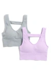 90 Degree By Reflex Bianca 2-pack V-neck Rib Seamless Bralettes In Croscus Petal/heather Grey