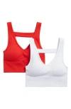 90 Degree By Reflex Bianca 2-pack V-neck Rib Seamless Bralettes In Fiery Red/white