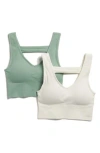 90 Degree By Reflex Bianca 2-pack V-neck Rib Seamless Bralettes In Granite Green/garden