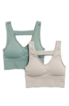 90 Degree By Reflex Bianca 2-pack V-neck Rib Seamless Bralettes In Green/natural