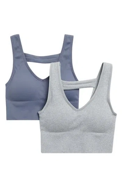 90 Degree By Reflex Bianca 2-pack V-neck Rib Seamless Bralettes In Grey/slate Blue